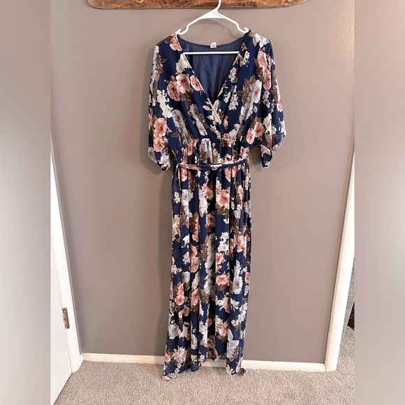 Anrabess Navy Floral Maxi Dress - sheer, long overlay over a shorter slip - Picture 5 of 12